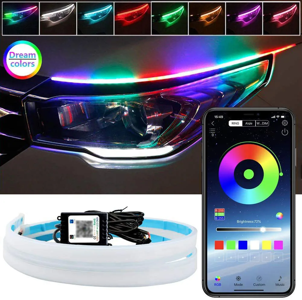 

2pcs DRL Car LED Daytime Running Light APP Control Flexible RGB Symphony Flowing Turn Signal Strip Headlight Decorative Lamp 12V