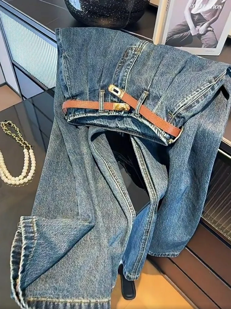 Retro High Waist Wide Leg Jeans Women's Pocket Design Straight Cut Slimming Long Pants Comfortable Loose Fit Casual Denim