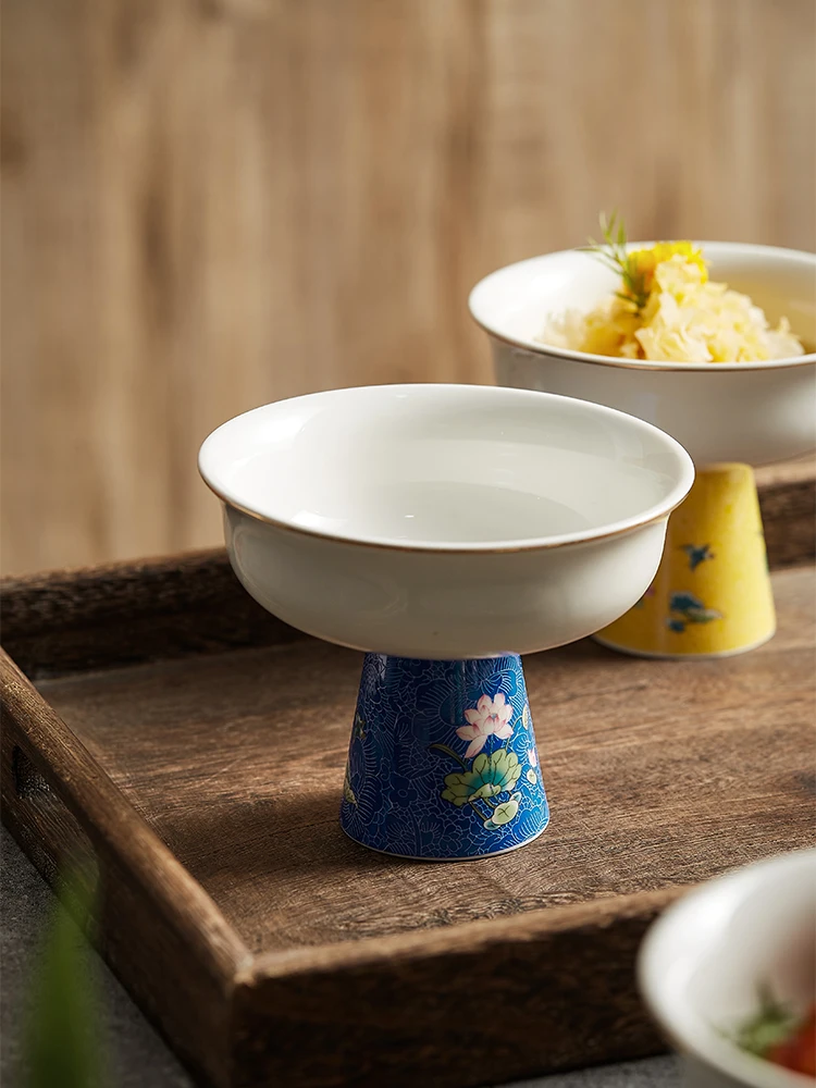 ชามทรงสูงสไตล์เรโทร จานชาหรูหรา จานใส่ผลไม้อบแห้ง จานอาหารจีน จานโชว์อาหารโรงแรม จานเซรามิกสไตล์จีน