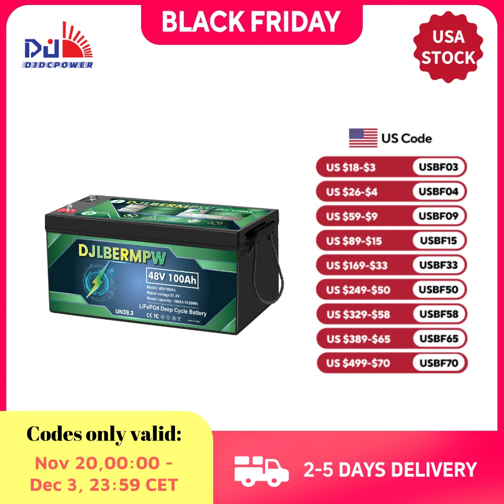 

DJLBERMPW 48V 100Ah LiFePO4 Battery Lithium Iron Phosphate Batteries Built-in 100A BMS 5120Wh 48V Golf Cart Battery for Solar RV