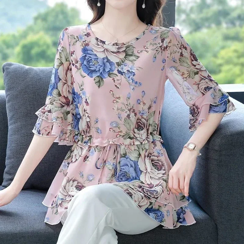 Temperament Irregular Blouse Summer New Thin Half Sleeve Printing Drawstring Loose Shirt Tops Elegant Vintage Women Clothing