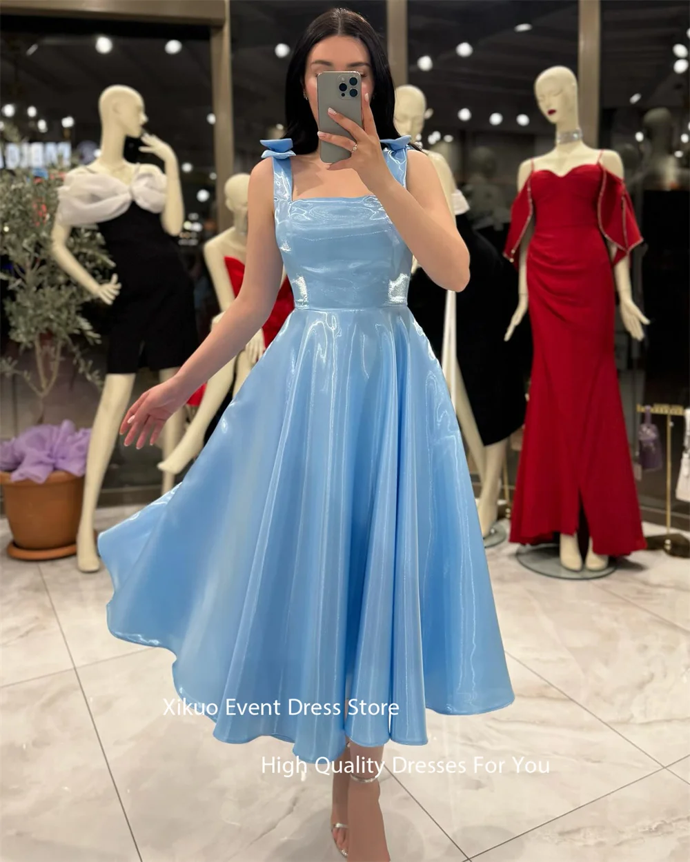 فستان سهرة أنيق باللون الأزرق الداكن من Xikuo بفتحة رقبة مربعة من Vestidos Largos بفيونكة لامعة بدون أكمام من Vestidos De Fiesta Mujer مخصص