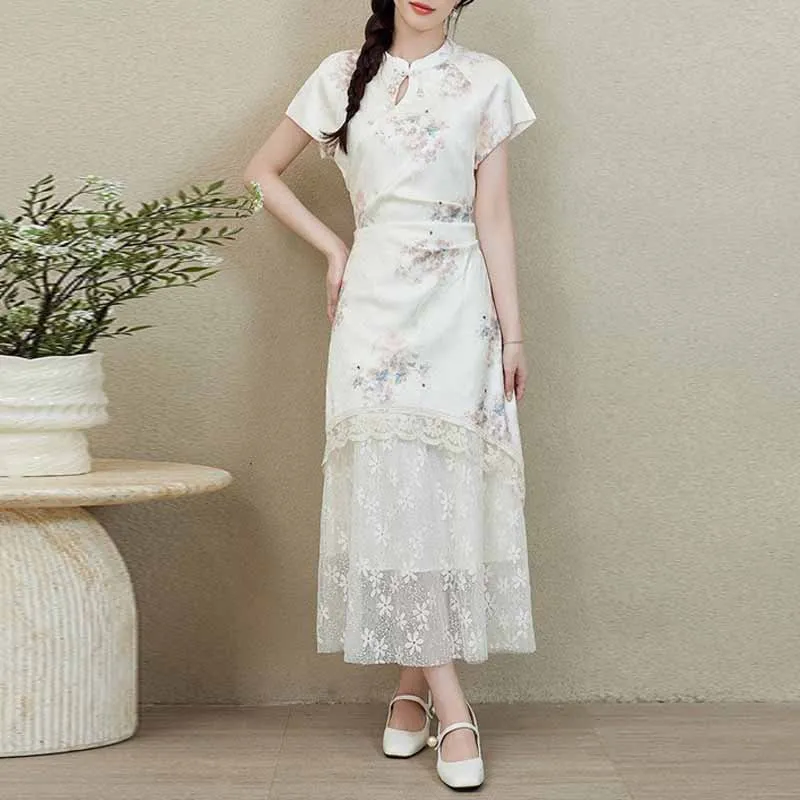 Women Chinese Dress White Lace Splice Print Flower Qipao Elegant Mandarin Collar Cheongsam Dance Party Lady Exquisite Vestidos