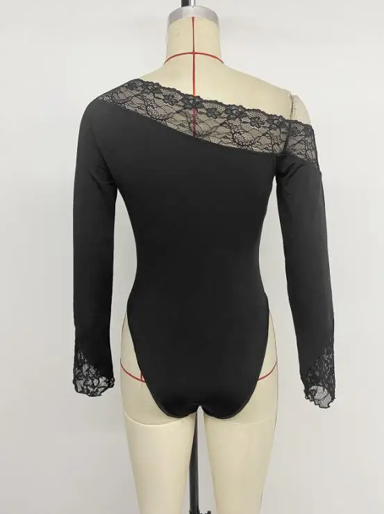 女性のファッションスキニーショートジャンプスーツ女性の日常服秋エレガントでセクシーなフィットブラックレースオフショルダーボディスーツ