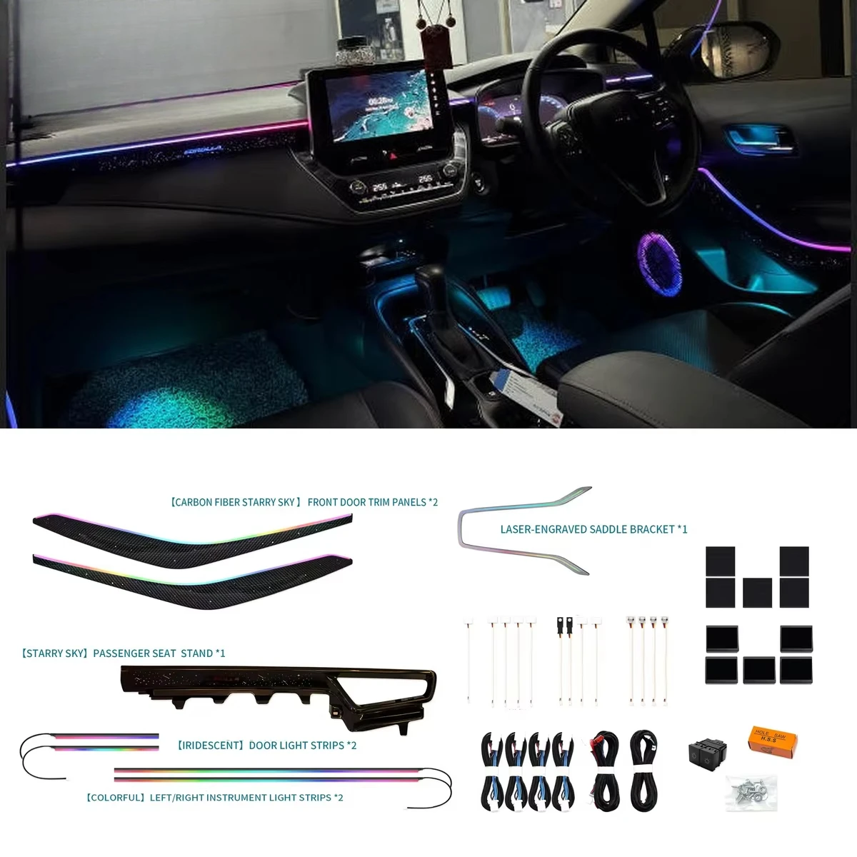 Car Roof Ambient Light Universal RGB Light Bar 64 Color Star Piano Black Button App Control for Toyota Corolla 2019-2025