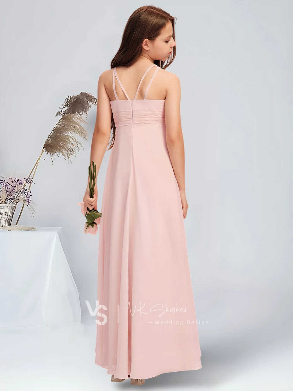 A-line Halter Floor-Length Chiffon Junior Bridesmaid Dress With Cascading Ruffles Blushing Pink Flower Girl Dress for Wedding