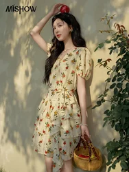 MISHOW French Floral Chiffon Dress for Women 2024 Summer Layered Cake Hem Waist Strap V Neck Slim Holiday Dresses MXD24L1861