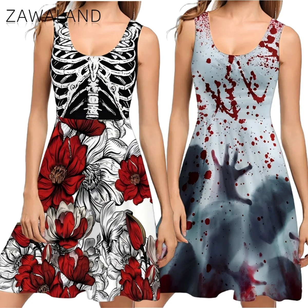 

Skull Floral Blood Cosplay Dress Halloween Party Horror Print Costume Woman Summer Sleeveless Dress Carnival Performance Outfits