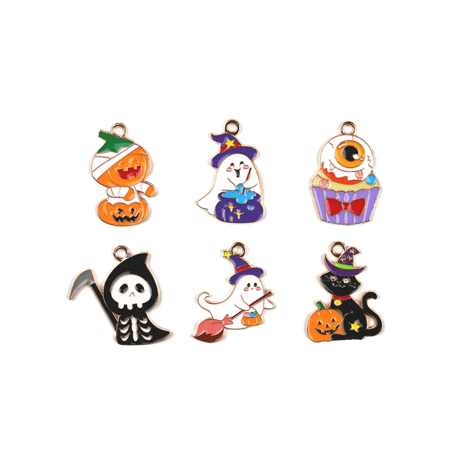 10pcs Halloween Theme Enamel Charms Black Cat Death Ghost Pumpkin Head Alloy DIY Handmaking Pendant Fashion Jewelry Accessory