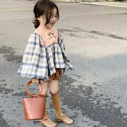 Children Clothing 2022 Spring Autumn Girls Clothes Set Korean Cute Fresh Lovely Plaid Long Lantern Sleeve Blouse Pants Two Piece