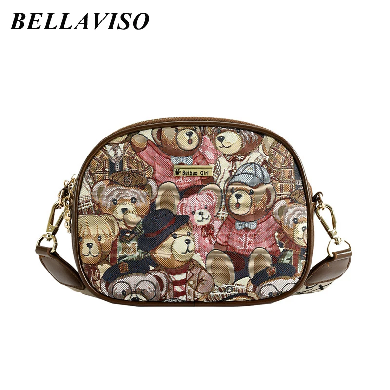 

BellaViso Lovely Summer Women's Canvas Crossbody Bag Female's New Trendy Satchel Cartoon Bear Embroidered Shoulder Bags BLCR-51