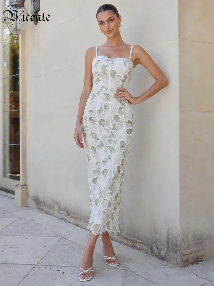 

VC Elegant Embroidered Lace Midi Dress Vintage Floral Bodycon Dress Spaghetti Strap Sheer Mesh Party Dress Wedding Guest Outfit