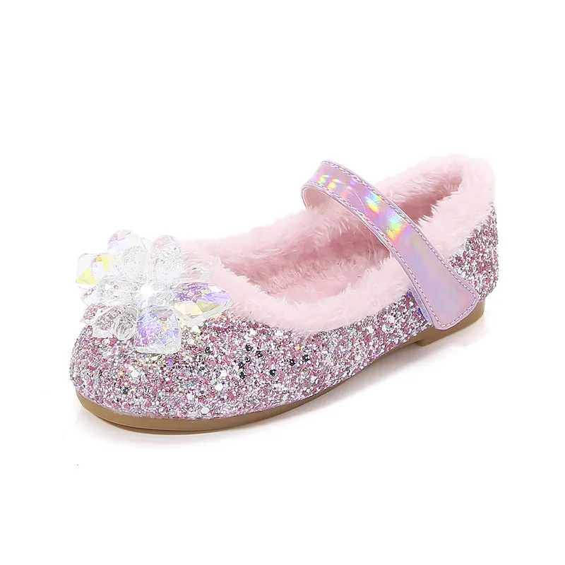 Disney Elsa Princess Shoes Autumn Winter Plush Warm Children Girls Crystal Shoes Fashion Cute Baby Girl Flat Shoes Soft Sole