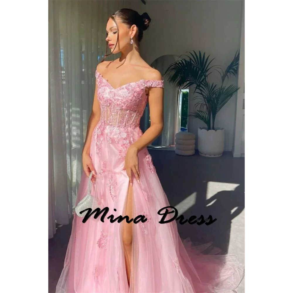 

Mina Customized Dropped Shoulders Evening Dresses 2024 Luxury Dress for Weddings Slit Backless Flowers Wedding Guest Dress Women