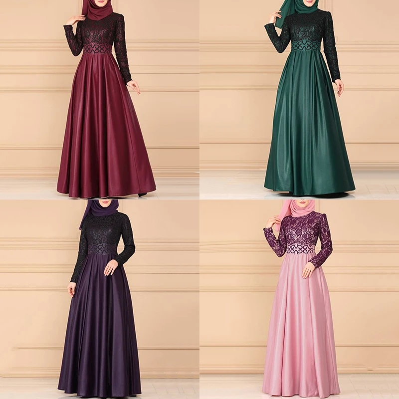 Plus Size Lace Patchwork Abayas Muslim Dress For Women Evening Party Elegant High Waist Formal Ladies Long Robe