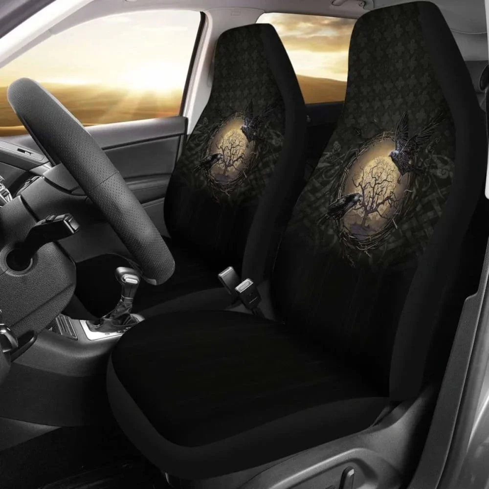 Viking Car Seat Covers, Odin'S Raven Tree Of Life Valknut Rune Circle,Pack of 2 Universal Front Seat Protective Cover