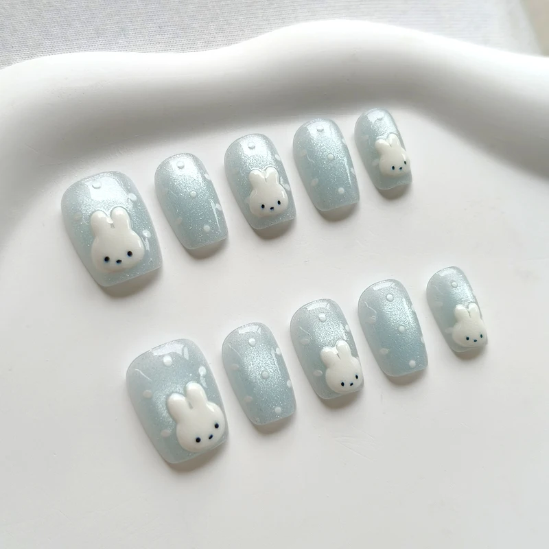 10 uñas postizas coreanas, estilo rosa y azul, lunares lindos, conejito y ojo de gato, frescas y sencillas 6