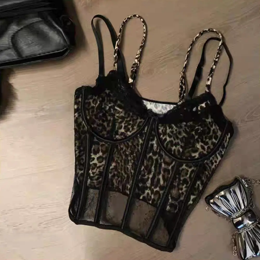 Camisola de leopardo transparente a la moda, Tops cortos ajustados sin mangas de encaje, chaleco con tirantes sin mangas con almohadillas para primavera y verano