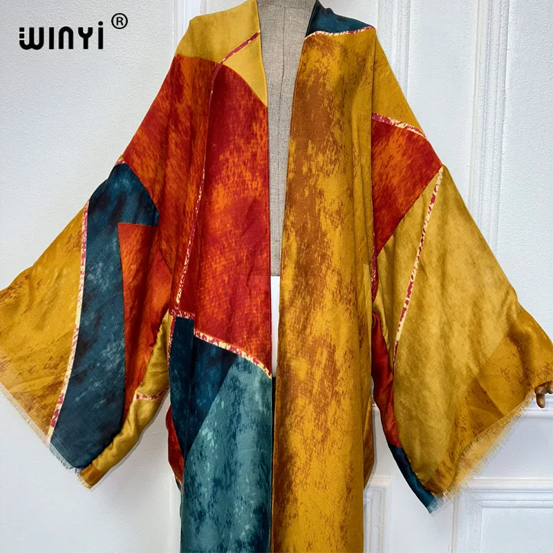 WINYI summer kimono beach wear women 2024 Africa dress bikini cover up Cardigan Geometric print abayas dubai luxury muslim dress