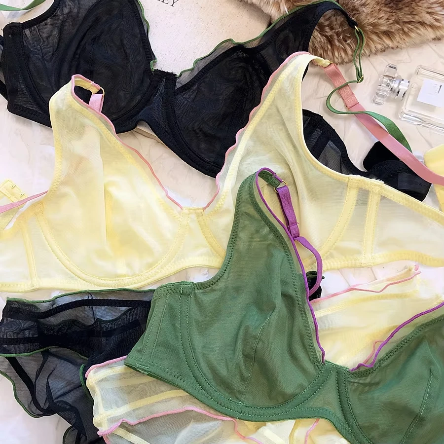 2 Pieces French Ultra Thin Underwear Set for Women Sexy Lace Push Up Bra Set Summer Mesh Comfort Breathable Lingerie and Panties