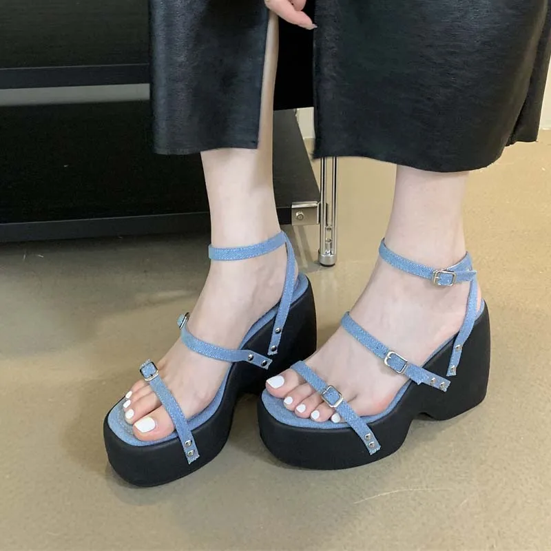 

Blue Gladiator Sandals Woman Belt Buckle Platform High Heels Punk Chunky Shoes Silver Wedges Heeled Sandals Chaussure Femme