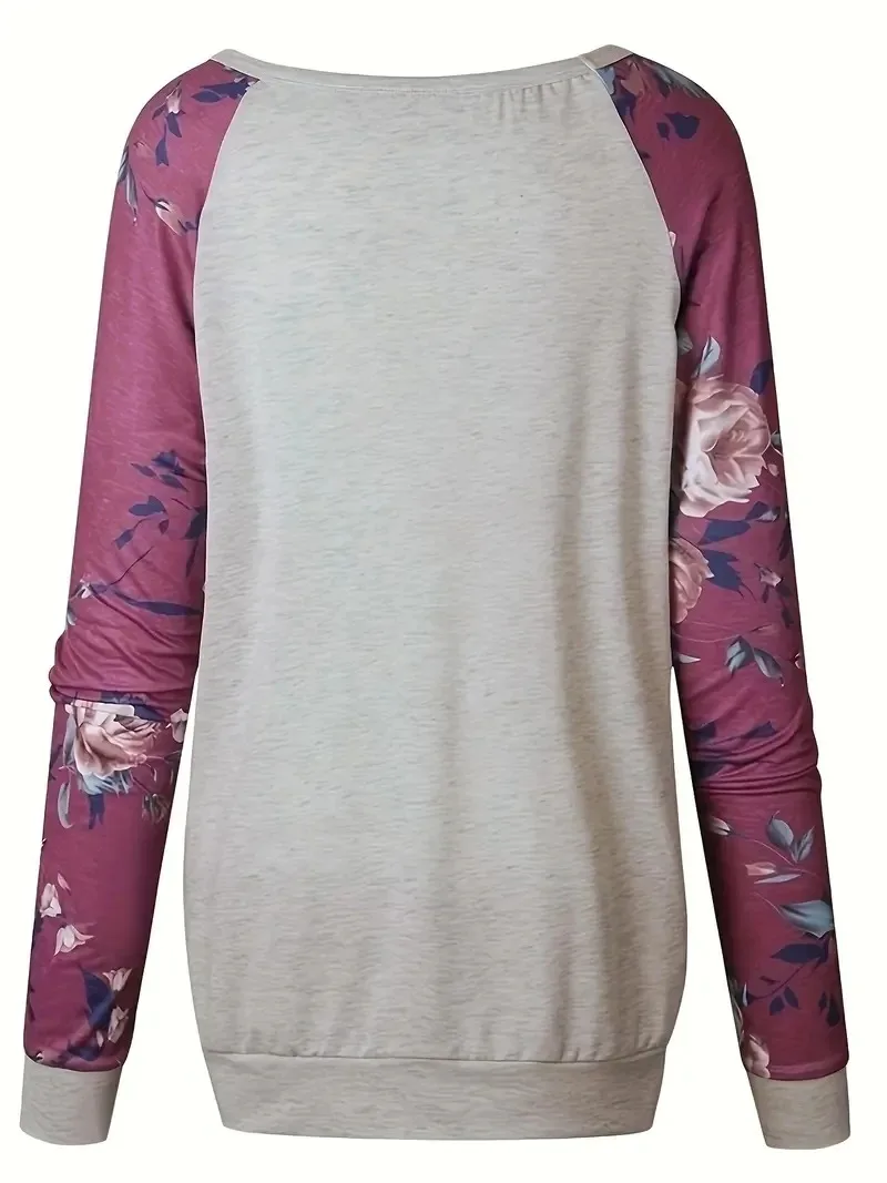 Plus Size 1XL-6XL Women\'s Casual T-shirt Rose Print Long Sleeve Round Neck Slight Stretch Tee