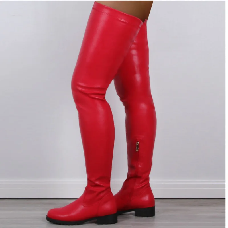 Big Size 47 Thigh High Boots Pu Leather Low Heel Over The Knee Boots Ladies Comfortable Shoes Women Boots 2024 New Winter