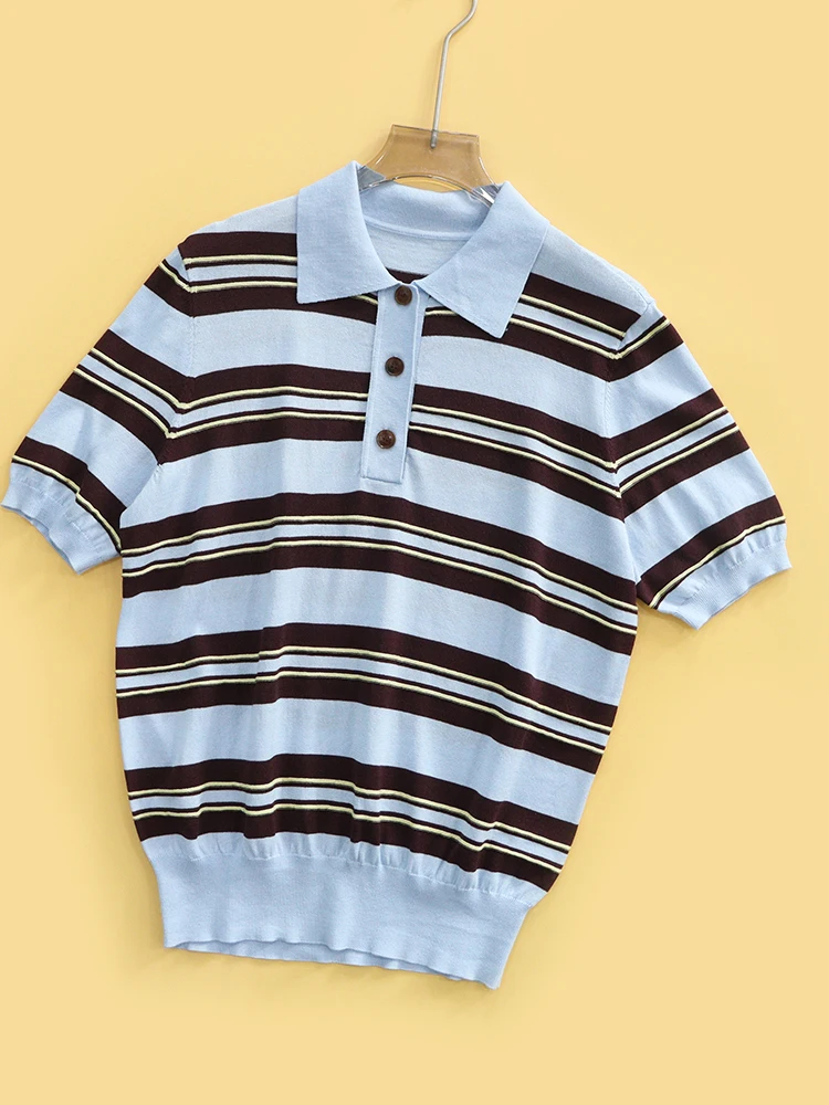Spring Summer 2026 Ice Sensation Color Block Stripe  Neck Short Sleeve Knitted Top Women's Casual Style Silk Cotton Blend