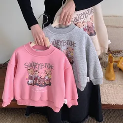 2024 Childrens Girls Winter Velvet Hoodie Pure Cotton Cartoon Round Neck Thin Velvet Kids Girls Base Top Toddler Girls Pullovers