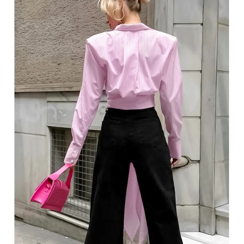 패션 스트라이프 여성 셔츠 긴팔 캐주얼 루즈 레이스업 허리 비대칭 셔츠 2025 라펠 넥 튜닉 블라우스 탑