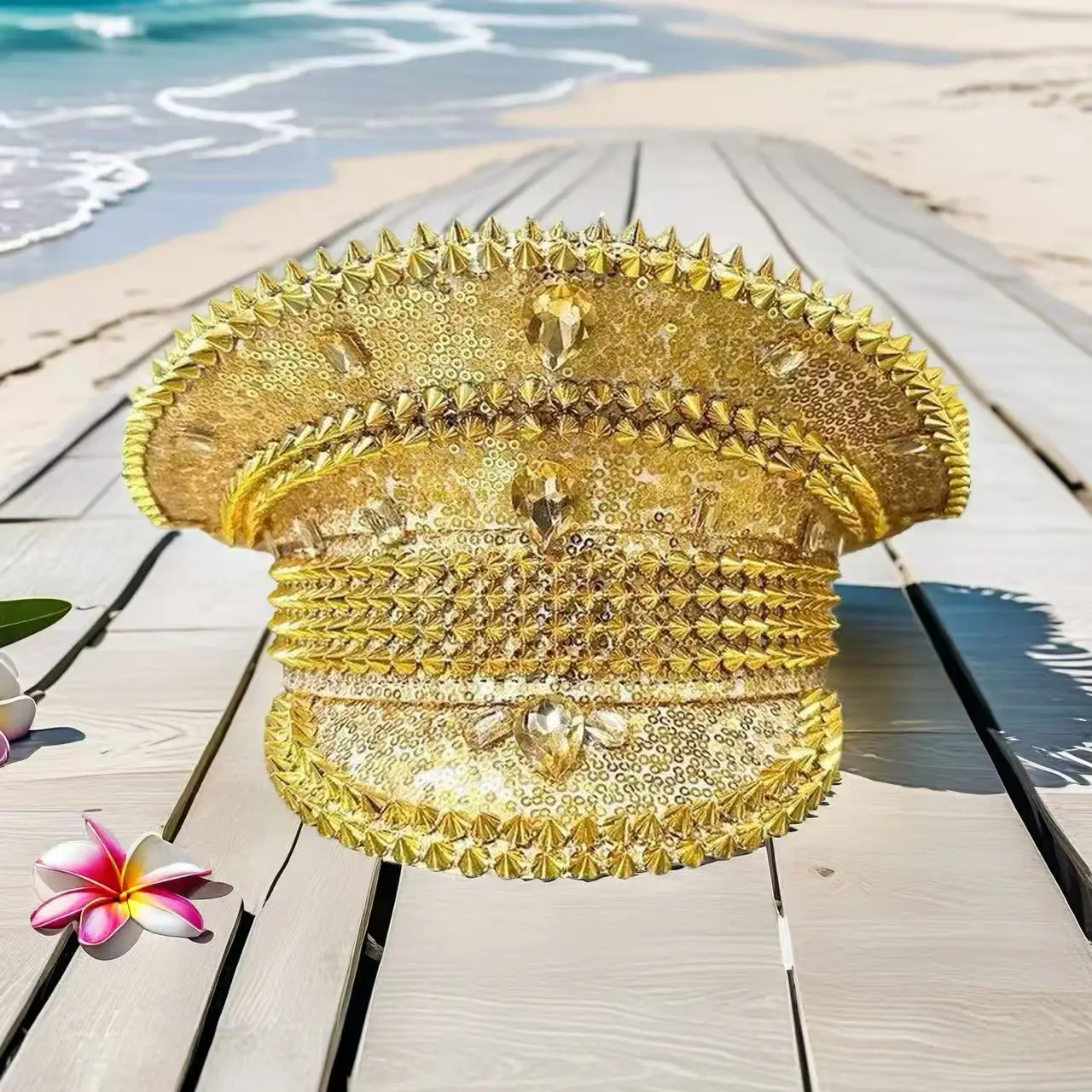 HongLuan Goldener Halloween-Kostümhut, Kapitänshüte mit Strasssteinen für Burning Man Festival Woman, Cosplay Damenaccessoires