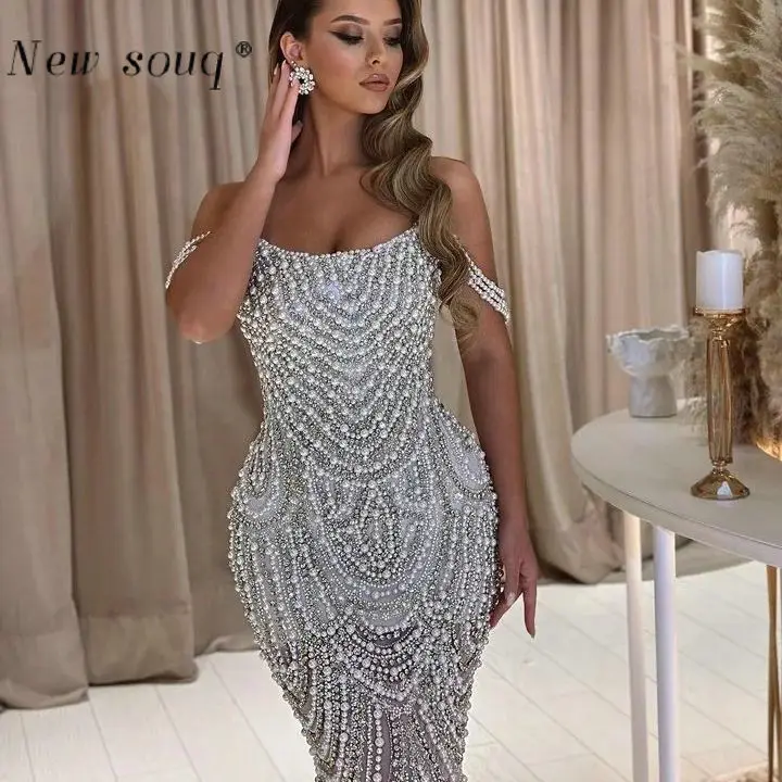 Ivory Heavy Pearls Beading Long Strapless Mermaid Evening Dresses 2024 Women's Luxury Dance Gowns for Wedding Party Custom Made