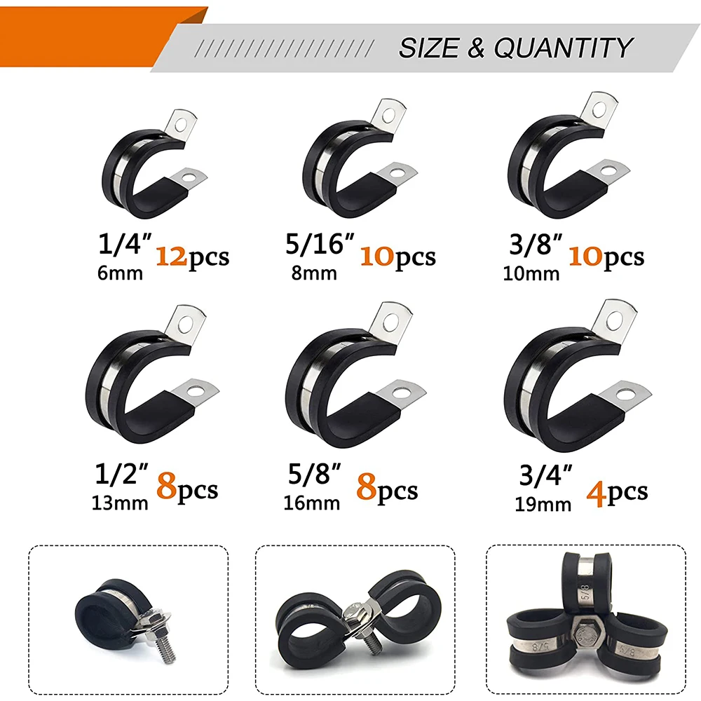 52pcs Cable Clamps Assortment Kit, 304 Stainless Steel Rubber Cushion Pipe Clamps in 6 Sizes 1/4