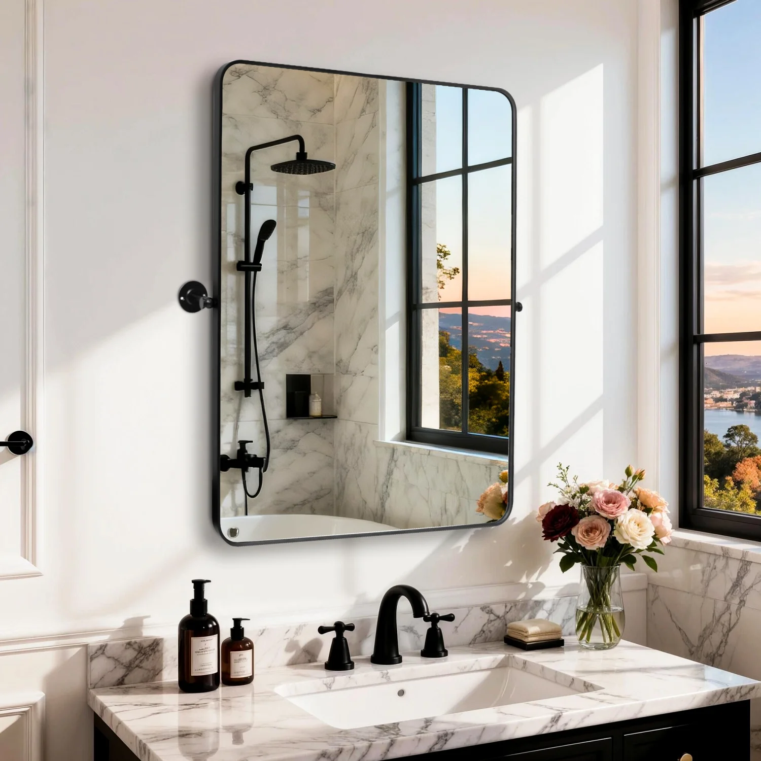 Rectangle/Oval Matte Black Pivot Bathroom Mirror Tilting Vanity Wall Mirror for Over Sink Horizontal/ Vertical