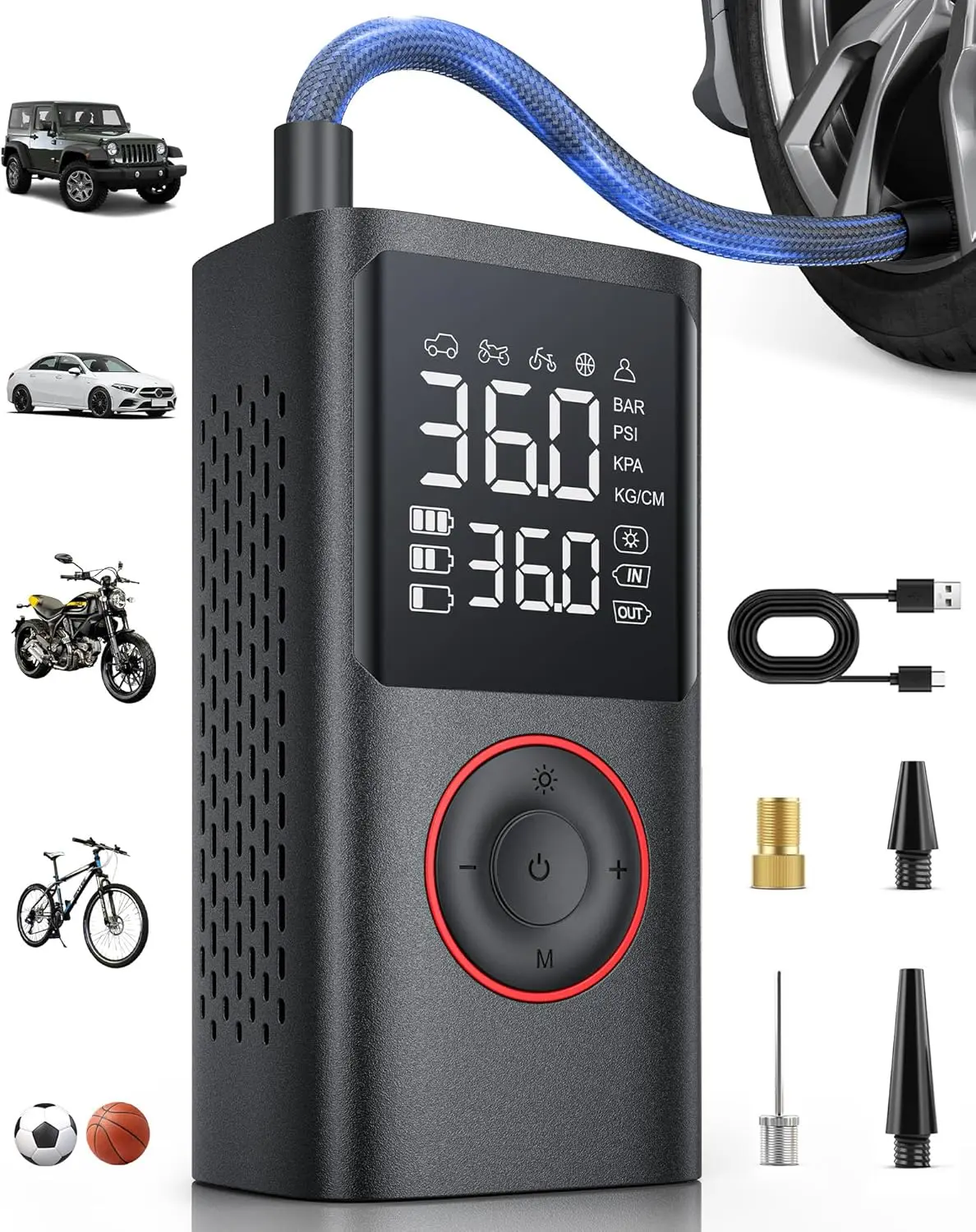 

Portable Air Compressor 150 PSI Cordless Bike Pump for Auto Motorcycle Bicycle Balls with Pressure Gauge LED Light