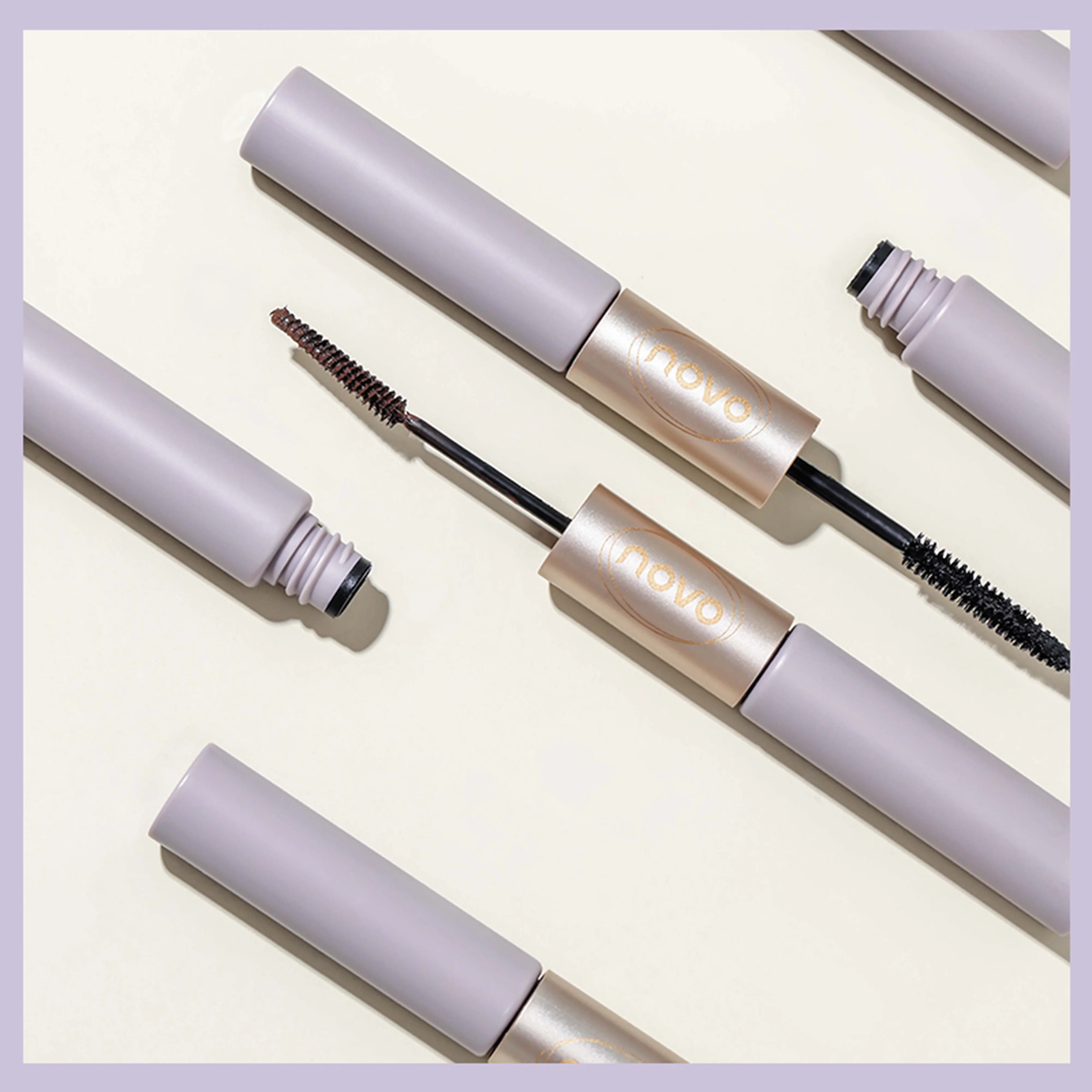 Wodoodporny tusz do rzęs NOVO wydłużający i zwiększający objętość z podwójną szczoteczką zapewnia delikatne podkręcenie i długotrwałe trwałość.