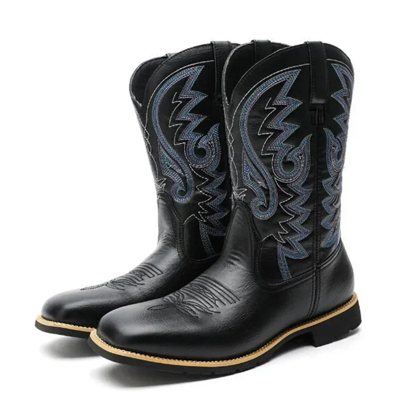 Men Boots Mid Calf Western Cowboy Motorcycle Boots Male Autumn Outdoor PU Leather Totem Med-Calf Boot Retro Designed Men Shoes