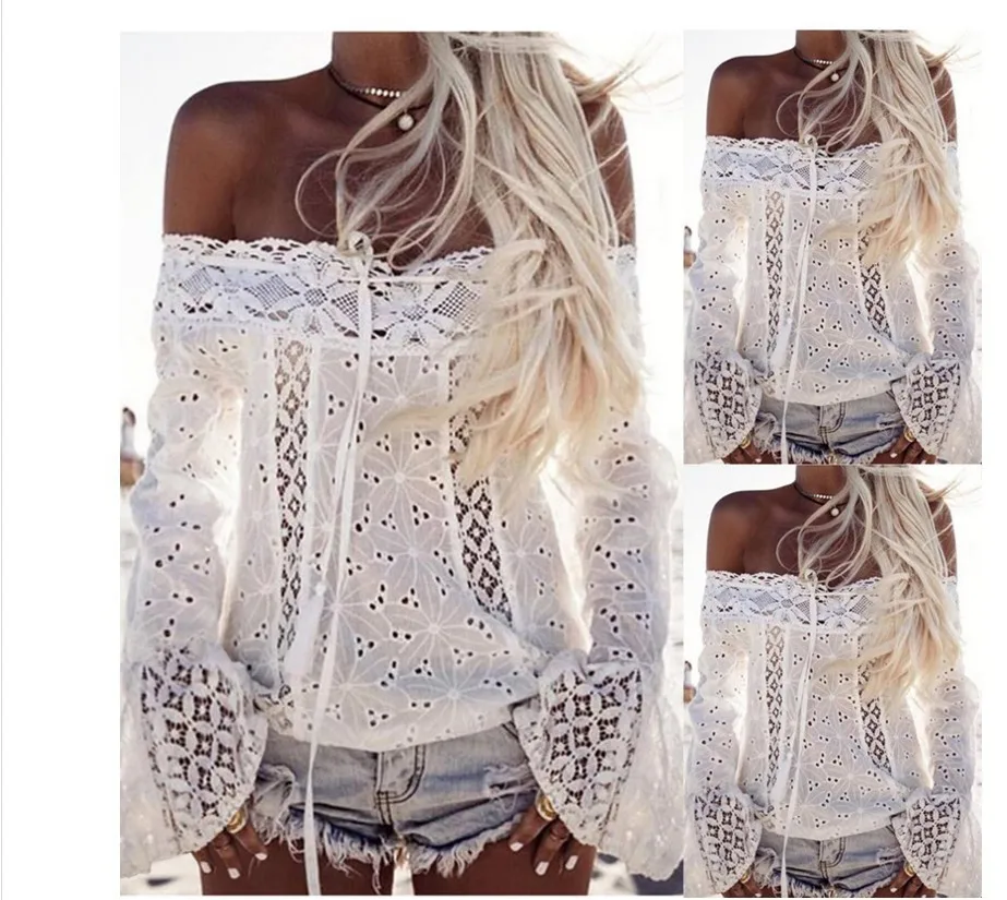 

New Lady Off Shoulder Floral Lace Women Top Hollow Out flare Sleeve Ladies Shirt Women Sexy Chemise Blusas Tops Tee