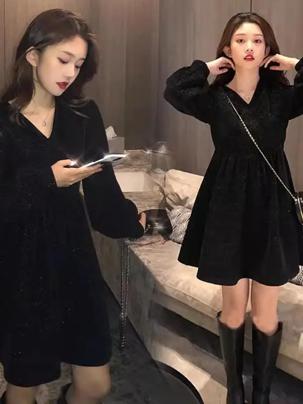 

Новое женское модное корейское свободное короткое платье А-силуэта с длинным рукавом, черное, в стиле Хепберн, с V-образным вырезом, больших размеров, осень-зима