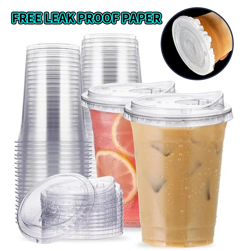 

12oz 16oz 20oz Clear Plastic Cups with Lids, Disposable Bubble Milk Tea and Iced Coffee Cups, Free Leak-Proof Paper