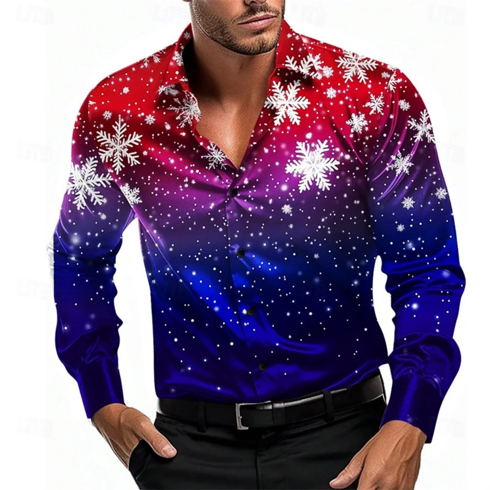 クリスマスシャツ男性用クリスマスツリースノーフレーク3Dプリントボタンラペル長袖パーティーカジュアルルーズ秋冬男性服