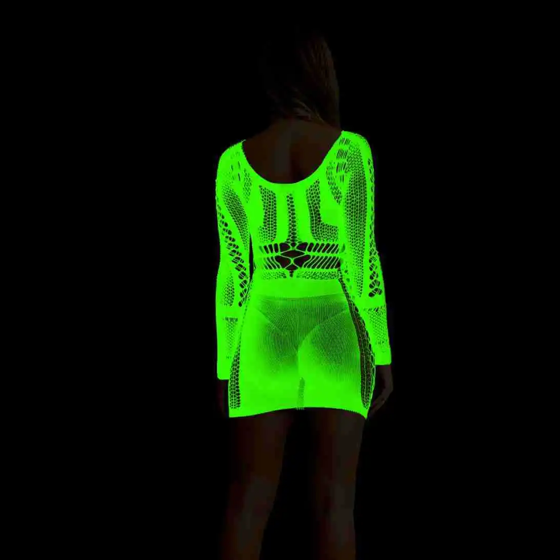 ‌ Camisón fluorescente que brilla en la oscuridad, picardías de malla transparente, lencería favorecedora, vestido transparente calado