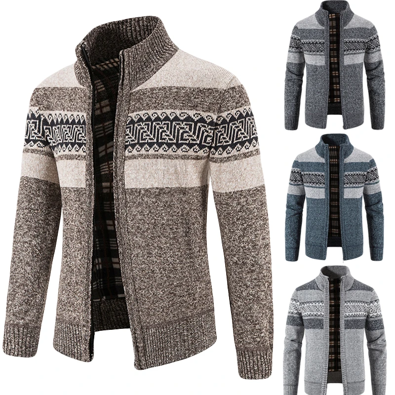 Men's Autumn and Winter Plus  Stand-up Collar Zipper Knitted Cardigan Men's Colorful Jacket Trendy Fashion Warm Sweater Jacket