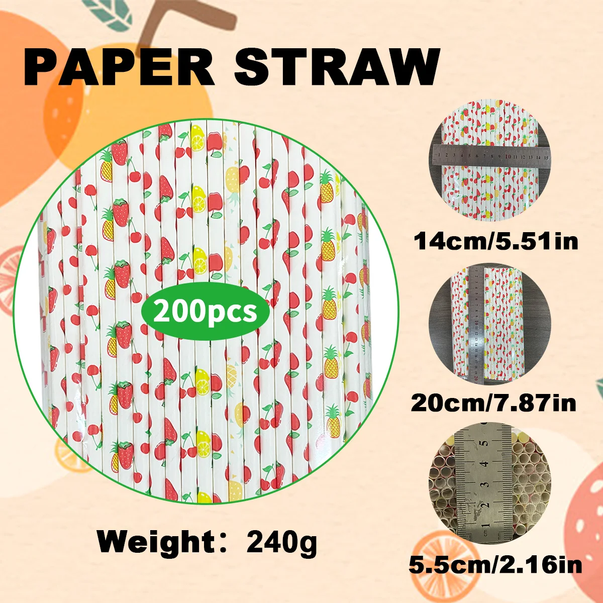 6*197MM Mixed Fruit non-Individually Wrapped Paper Straws For Party, Juice, Coffee Drinks, DIY Decoration--10000 Pcs/Carton