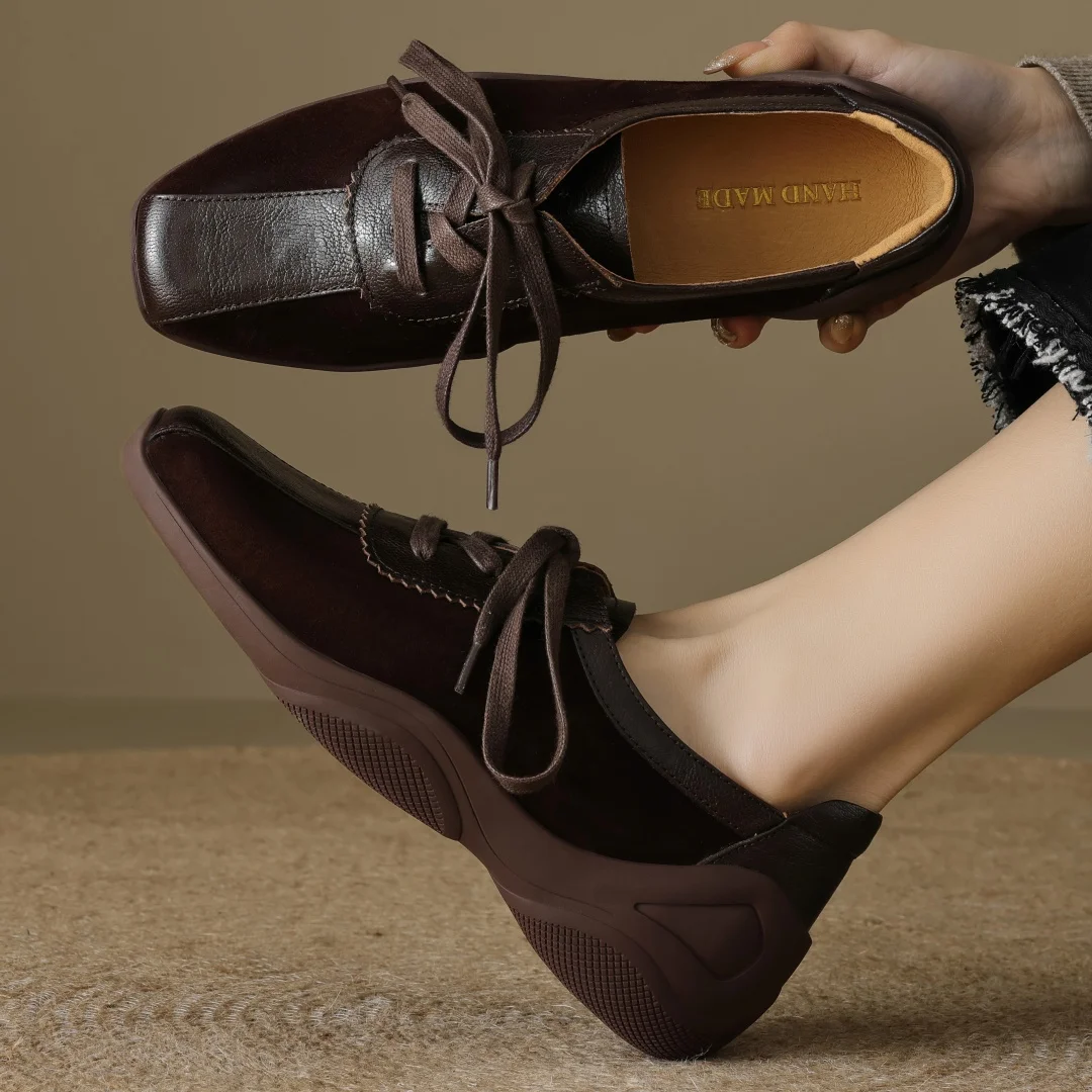 

Women's genuine leather patchwork square toe lace-up flats sneakers high quality soft comfortable casual espadrilles shoes woman