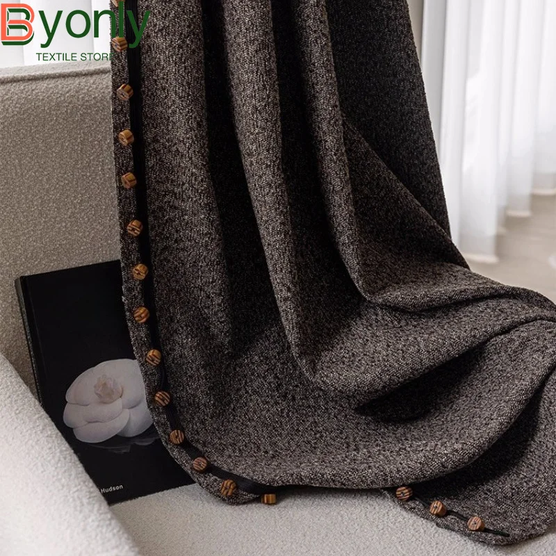 New Black Brown Chenille Jacquard Thickened Blackout Curtains for Living Room Bedroom French Window Customized Finished Products
