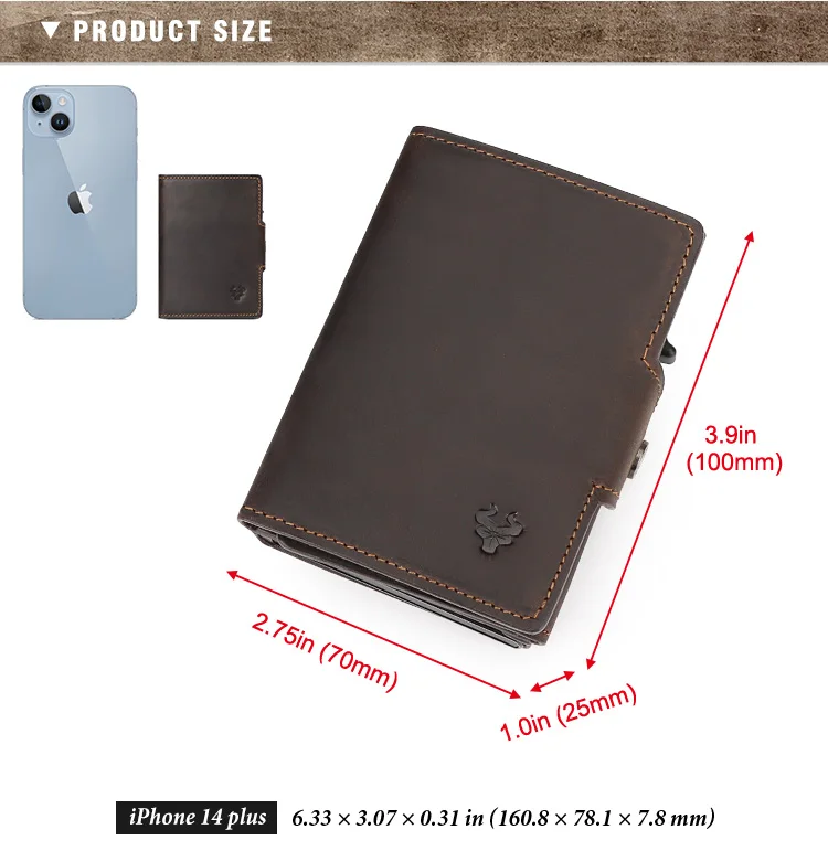 HUMERPAUL Herren-Kartenhalter mit Geldfach, Crazy Horse-Leder, Pop-Up, minimalistische Geldbörse, RFID-blockierendes, schlankes Bankkartenetui aus Metall – Detail 3