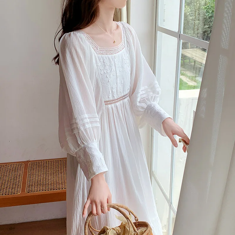 Fairy White Long Night Dress Spring Autumn Robe Cotton Nightdress Princess Sleepwear Nightwear Vintage Square Collar Nightgown