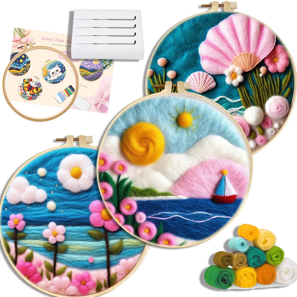 

Creative DIY Wool Felting Painting With Embroidery Kit Craftwork Felt Painting Needle Felting Pink Landscape For Diy Gift