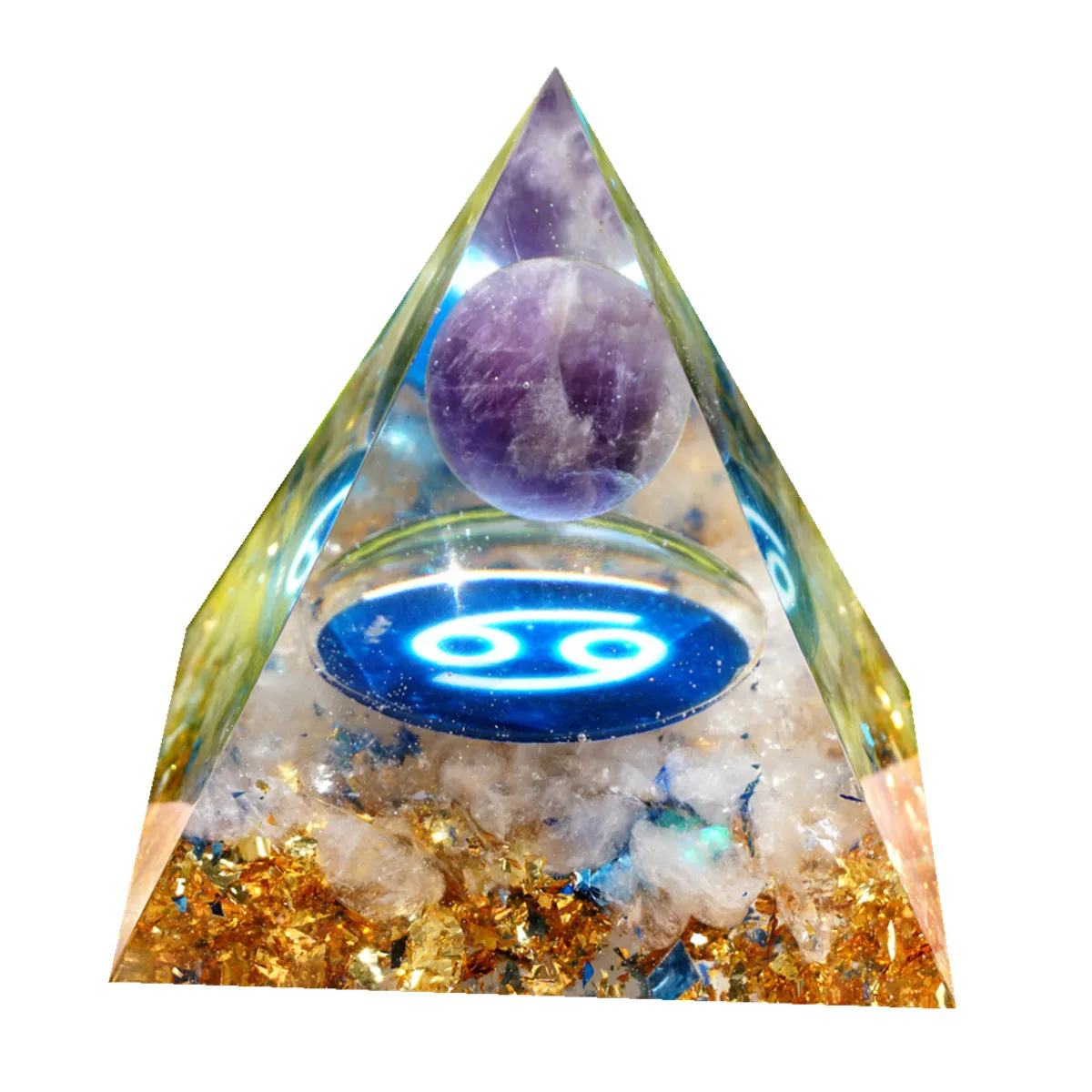 Zodiac Amethyst Crystal Sphere Orgone Pyramid Cancer Geometry Pattern with White Quartz Gemstone Orgonite EMF Protection Tool